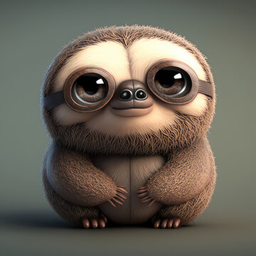 Cute Baby Sloth 3d Character. Cartoon Realistic Pet With Big Eyes, 3d Render Generative Ai Illustration. Cartoon Little Lazy Sloth Illustration.