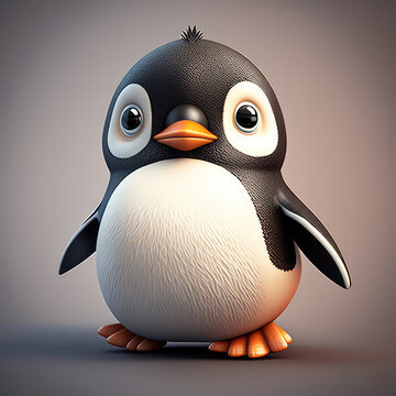 Cute penguin 3d character. Cartoon pet with big eyes, 3d render generative ai illustration. Cartoon little arctic bird illustration.