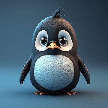 Cute baby penguin 3d character. Cartoon pet with big eyes, 3d render generative ai illustration. Cartoon little arctic bird illustration isolated on blue.