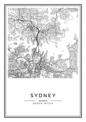 Black and white printable Sydney city map, poster design, vector illistration.