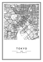 Black and white printable Tokyo city map, poster design, vector illistration.