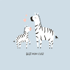 Fototapeta na wymiar Vector illustration of cute young zebra and his mom. Adorable print with animals for kids in a modern flat style.