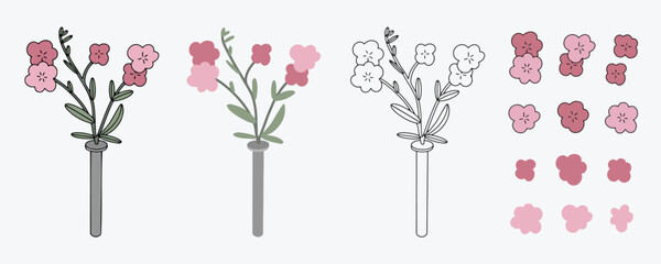 Set of pink flower in vase on plain background. Flower blossom, sakura, leaves, vase, simple flower shape.