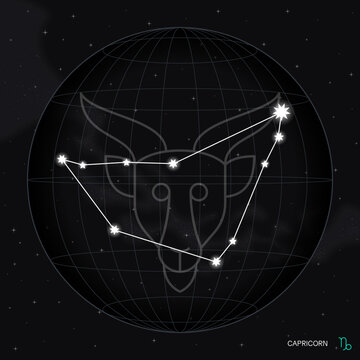 CAPRICORN zodiac horoscope astrology label with element, planet icon glyph. Thin line sign symbol art design vector illustration