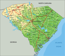 High detailed South Carolina physical map with labeling.