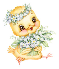 Cute chicken with bouquet of lilies of the valley and floral wreath on head. Baby chicken with spring flowers Hand drawn watercolor illustration. Ideal for greeting birthday and invitation Easter card - 574258938