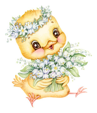 Cute chicken with bouquet of lilies of the valley and floral wreath on head. Baby chicken with spring flowers Hand drawn watercolor illustration. Ideal for greeting birthday and invitation Easter card
