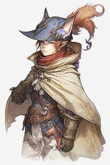 Obraz premium Fit Male Miqote Duelist: Watercolor Illustration with Cape and Feathered Hat