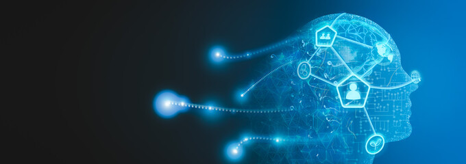 Artificial intelligence banner. Technology web background. Virtual concept human face blue technology hologram. Machine learning cognitive sciences concept