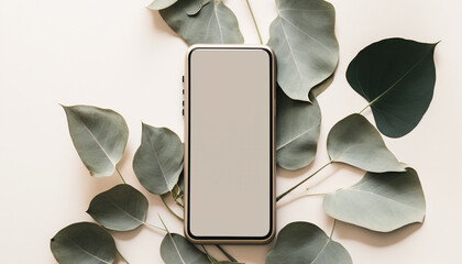 smartphone and eucalyptus leaf soft beige background, generative ai