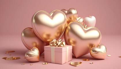 Pink and gold hearts foil balloons, generative ai