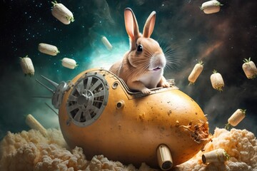Obraz na płótnie Canvas illustration of a rabbit riding a spaceship made of potato with colorful background. Generative AI.