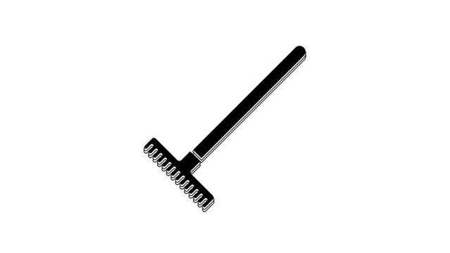 Black Garden rake icon isolated on white background. Tool for horticulture, agriculture, farming. Ground cultivator. Housekeeping equipment. 4K Video motion graphic animation