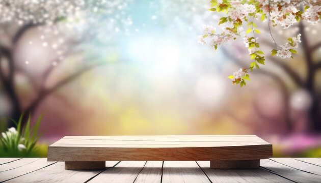 Wooden table for products on spring nature background with green grass and white flowers, template podium, platform, pedestal. Generative ai