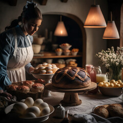 Atmospheric illustration of a festive table for Easter, generative ai