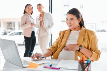 Gossip, pregnancy shame or business people pointing at pregnant woman in office working on laptop. Colleagues in workplace bullying, employee victim exclusion or worker harassment and discrimination - obrazy, fototapety, plakaty