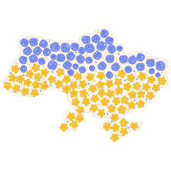 Map of Ukraine with yellow and blue flowers. Support for Ukraine. Cute patriotic flowers. Stock vector illustration.