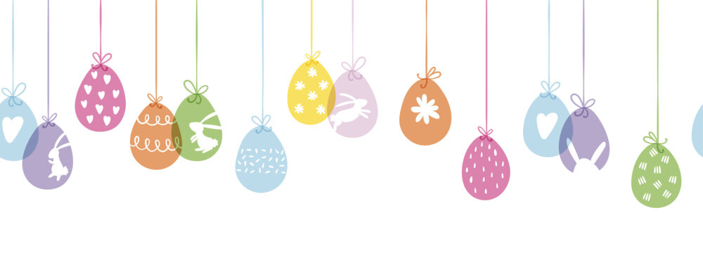 Cute hand drawn Easter horizontal seamless pattern with bunnies, flowers, easter eggs, beautiful background, great for Easter Cards, banner, textiles, wallpapers - vector design