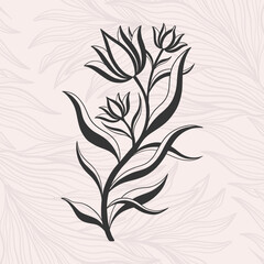 Floral tulip flower in art nouveau 1920-1930. Hand drawn tulip in a linear style with weaves of lines, leaves and flowers.