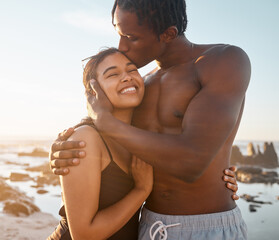 Couple hug or forehead kiss on sunset beach in relax romance holiday, love vacation date or bonding summer. Smile, black woman or kissing man in swimwear embrace, trust or travel support by ocean sea