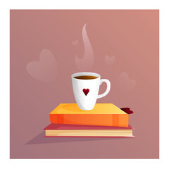 Cup of coffee or tea with stack of books. Vector illustration for poster, banner, website, menu. Tea shop, tea party, tea lover. Kitchen concept. Book store. Book lover.  Coffee shop.