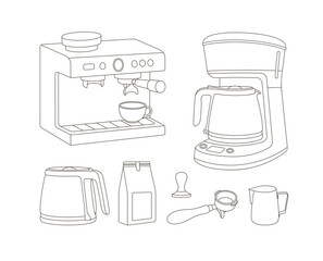 Hand-drawn set of a coffee machine, drip coffee maker, coffee package, pitcher, and a portafilter. Line art. Vector illustration for coffee shops, cafes, and restaurants.