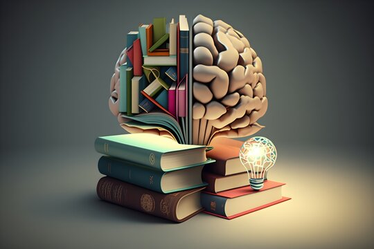 conceptual art collage of brain on books, abstract depiction of the human brain