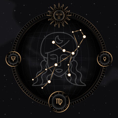 VIRGO zodiac horoscope astrology label with element, planet icon glyph. Thin line sign symbol art design vector illustration