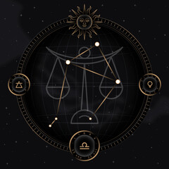 LIBRA zodiac horoscope astrology label with element, planet icon glyph. Thin line sign symbol art design vector illustration