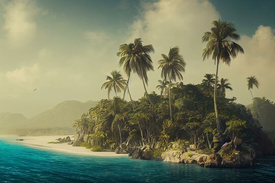 Island in ocean, uninhabited secret pirate isle with beach, palm trees, jungle lianas and rocks at sea under cloudy sky. Beautiful modern illustration, template for your design. AI. Generative AI