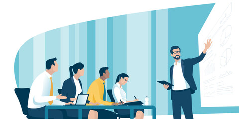 Presentation, education, learning business illustration. The team listens to the lecturer.
