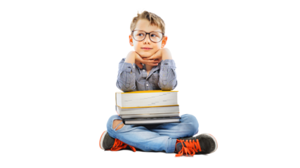 Sitting preschooler with books ready for school - isolated on the free PNG background.