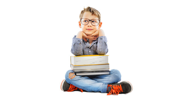 Sitting preschooler with books ready for school - isolated on the free PNG background.