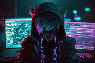 illustration of a cyberpunk anime hacker, monitors in background generative ai - obrazy, fototapety, plakaty