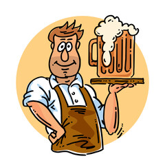 Male waiter or barman and beer mug in a pub or bar, comic cartoon style vector illustration