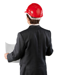 Young business man in red helmet isolated on white background