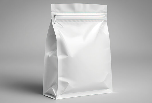 Blank white plastic bag with zip  mockup on light background. Generative AI.
