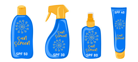 Sunscreen. Different sun protection cosmetics. Beauty and health care concept. Hand drawn vector illustration