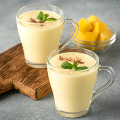 Lassi mango, traditional indian drink, selective focus. Side view