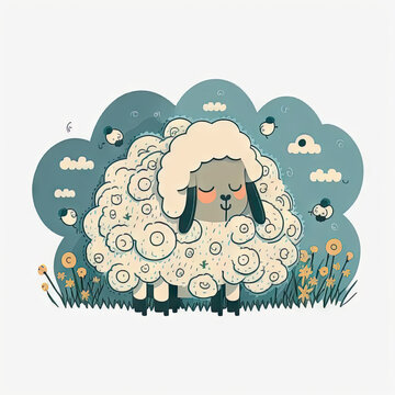 Cartoon Illustration of Sheep in Meadow - Bring Positive Vibes with Soft Colors