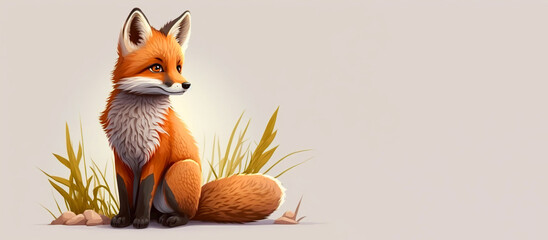 A sitting fox isolated on a white background. Generative AI illustration. A forest animal. Horizontal wide subtitle, cover. copy-space.