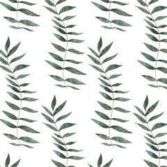 Seamless pattern with watercolor leaves, green twigs. Artistic design. Vector illustration. Isolated on a white background.