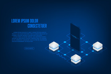 Vector isometric technology mobile application with center server concept.