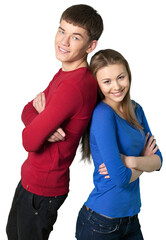 Fototapeta premium Young couple standing back to back