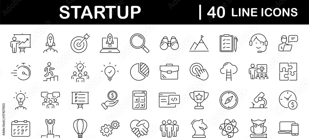 Leinwandbilder Start up set of web icons in line style. Business startup icons for web and mobile app. Startup project, development, creative idea, target, innovation, marketing, launch business, strategy and more