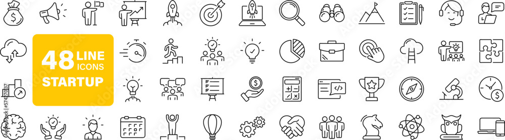 Poster Start up set of web icons in line style. Business startup icons for web and mobile app. Startup project, development, creative idea, target, innovation, marketing, launch business, strategy and more