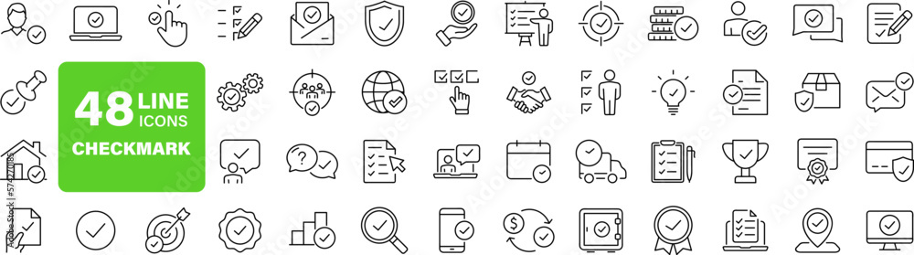 Poster Check mark set of web icons in line style. Approve icons for web and mobile app. Approve, check marks, ticks, inspector, quality check, approved icons and more. Vector illustration
