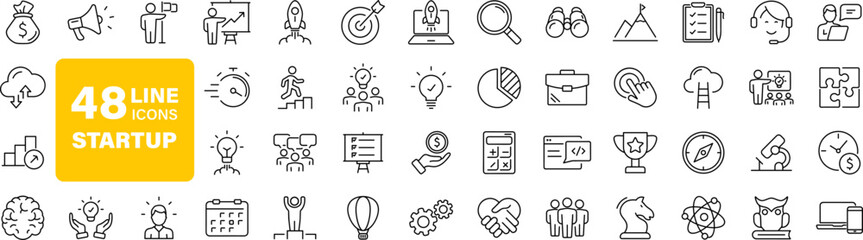 Start up set of web icons in line style. Business startup icons for web and mobile app. Startup project, development, creative idea, target, innovation, marketing, launch business, strategy and more