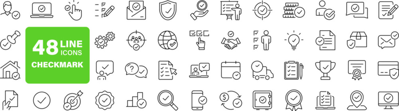 Check mark set of web icons in line style. Approve icons for web and mobile app. Approve, check marks, ticks, inspector, quality check, approved icons and more. Vector illustration