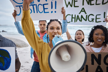 Protest, climate change and black woman with megaphone, fight for freedom with voice, movement and environment rights. Politics, angry people on beach for activism and solidarity with saving planet